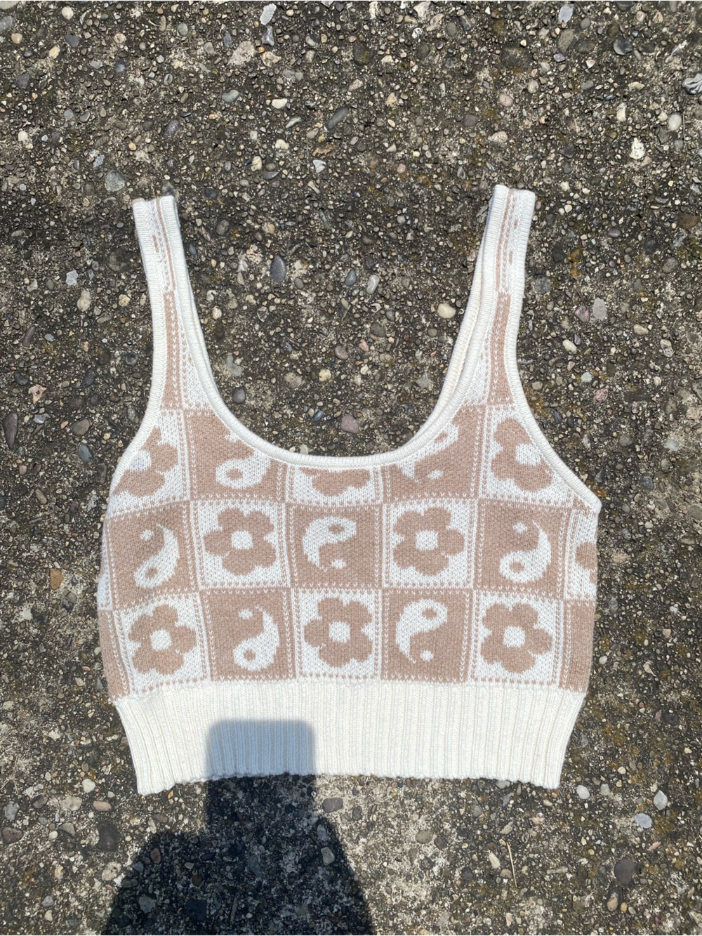 American Eagle Knit Corset Top M Yin Yang Floral Checkerboard Crop Tank Beige